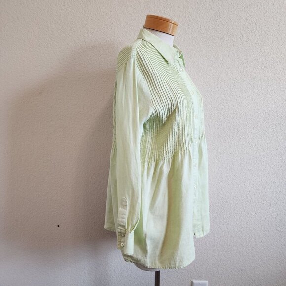 Kate Hill 100% Linen Green Pintuck Pleated Button Down Collared Tunic Top PM - Picture 4 of 9
